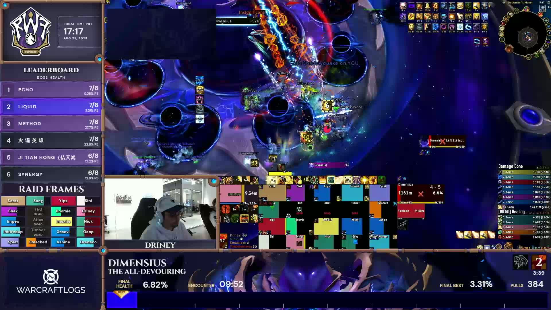Team Liquid’s Race to World First broadcast showing guild standings on the left and boss health, encounter time and pull count along the bottom.